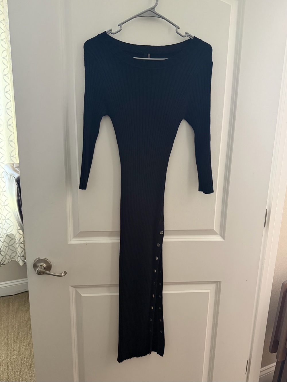 Rib Knit Long Sleeve Black Button-Accent Maxi Dress